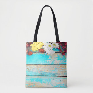 Tote Bag Fleurs colorées, bordure vintage en bois.