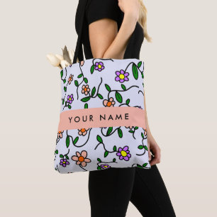 Tote Bag Fleurs Colorées, Fond Bleu, Orange