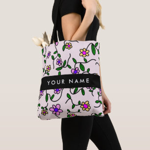Tote Bag Fleurs Colorées, Fond Rose, Noir