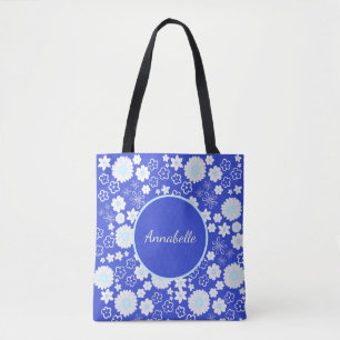 Tote Bag Fleurs dans le motif Floral Bleu Personnalisé Nomm