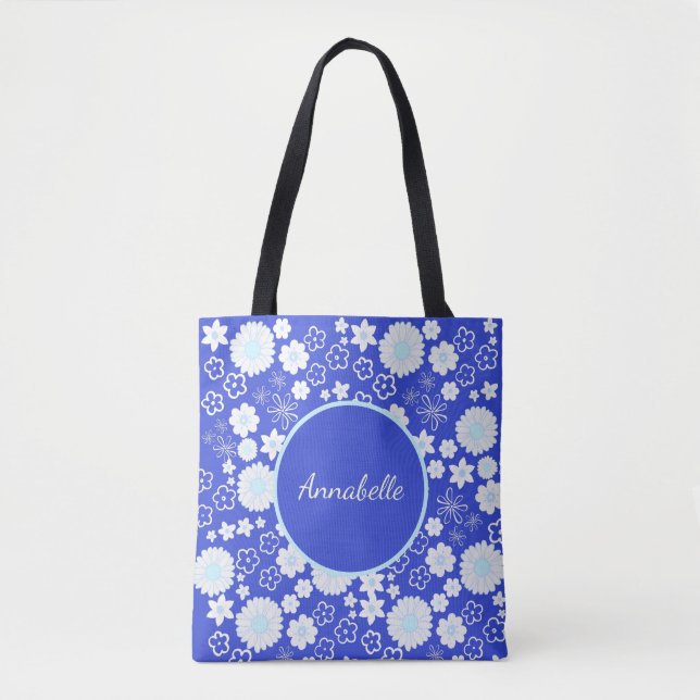 Tote Bag Fleurs dans le motif Floral Bleu Personnalisé Nomm (Devant)