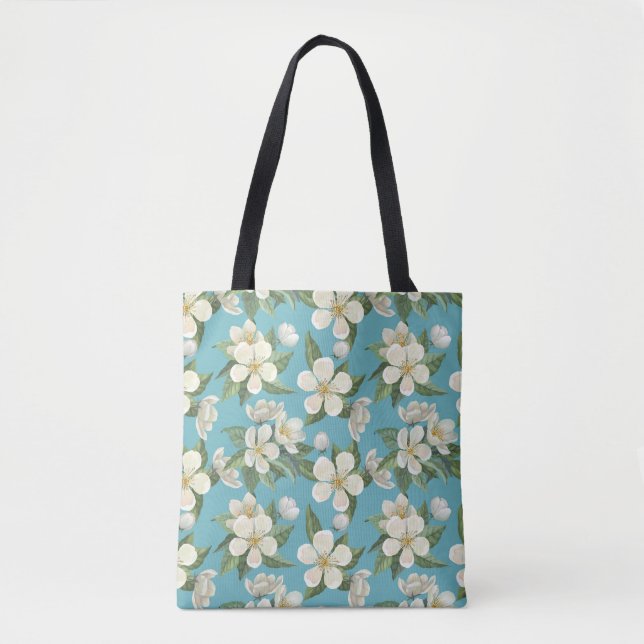 Tote Bag Fleurs d'aquarelle blanche Feuilles verts (Devant)