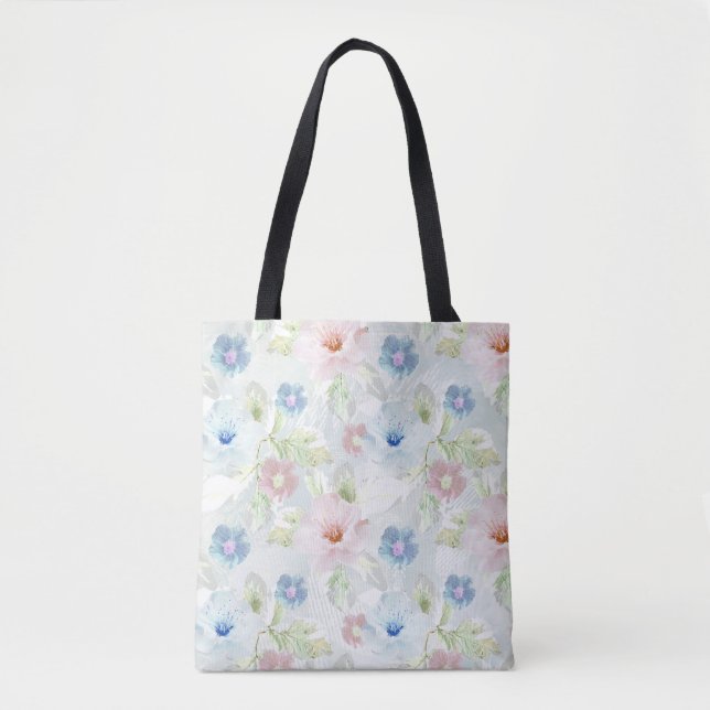Tote Bag Fleurs d'aquarelle rose et bleu. (Devant)