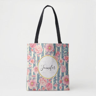 Tote Bag Fleurs d'aquarelle rose sur bandes Monogramme