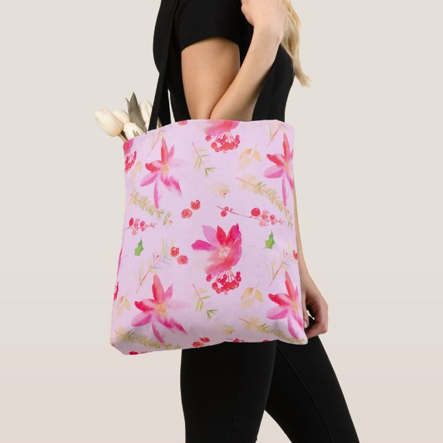 Tote Bag Fleurs d'aquarelle rose vif (De près)