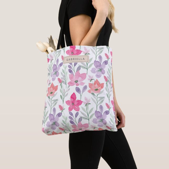 Tote Bag Fleurs d'aquarelle rose violet Floral Personnalisé (De près)