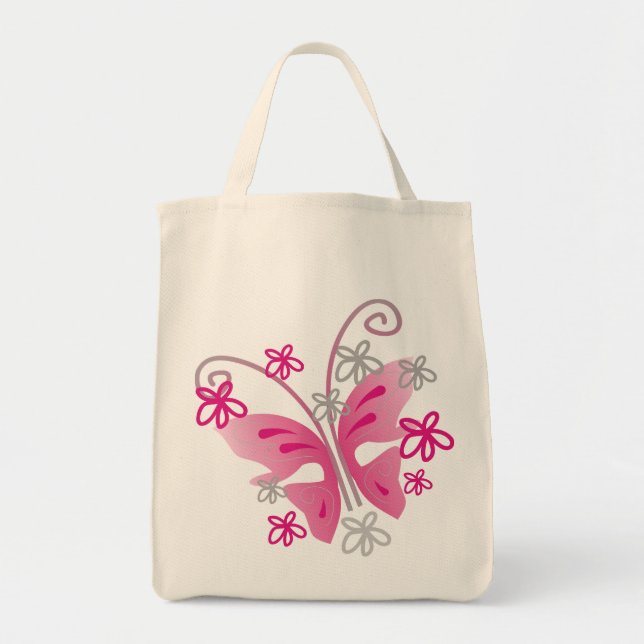 Tote Bag Fleurs d'argent mignonnes Papillon rose (Devant)