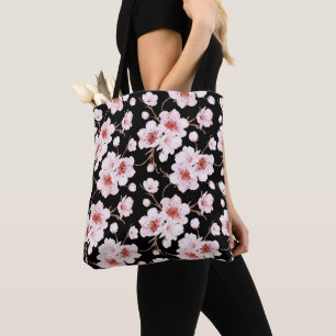 Tote Bag Fleurs de cerisier à l'aquarelle Rose Noir