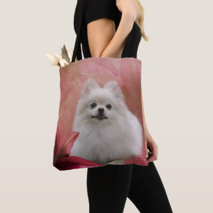 Tote Bag Fleurs de Chien Poméranien blanc Animal