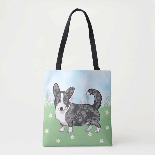 Tote Bag Fleurs de Corgi gallois bleu de Merle Cardigan (Devant)