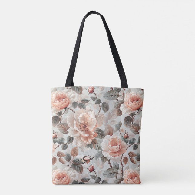 Tote Bag Fleurs de crème avec feuilles gris sur un gris cla (Dos)
