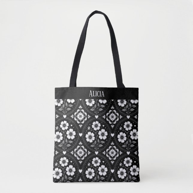 Tote Bag Fleurs de goth noir et blanc encadrées (Devant)