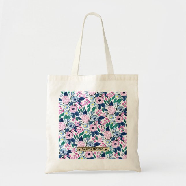 Tote Bag Fleurs de marine rose douce Aquarelle or Monogramm (Devant)
