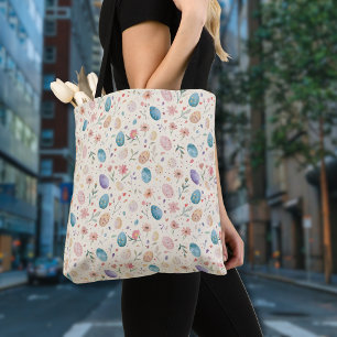 Tote Bag Fleurs de Pâques et feuilles aquarelles vintage Œu