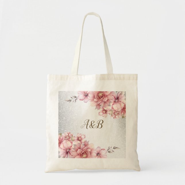 Tote Bag Fleurs de peinture à l'eau rose de fête Paillettes (Devant)