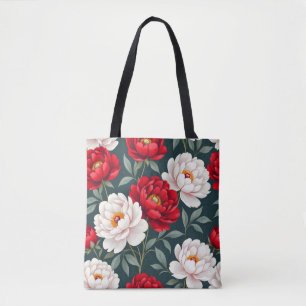 Tote Bag Fleurs de pivoine rouges et blanches 