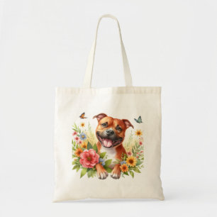 Tote Bag Fleurs de printemps Red Staffordshire Bull Terrier