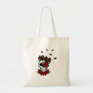 Tote Bag Fleurs de roses rouges vintage et crâne de papillo