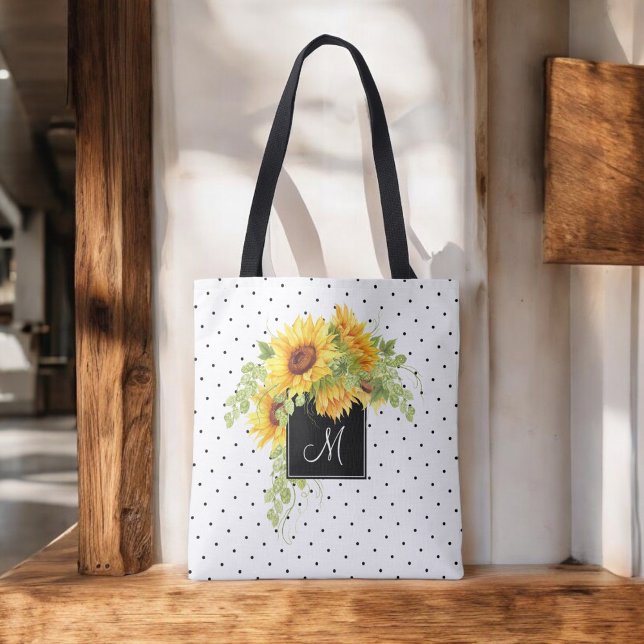 Tote Bag Fleurs de soleil et points rustiques chics avec mo (Personalize with your monogram initial.)