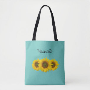 Tote Bag Fleurs de soleil jaunes Turquoise vert personnalis