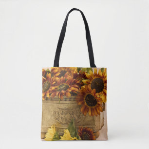 Tote Bag Fleurs De Soleil Orange Dans Panier En Tin