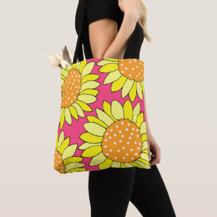 Tote Bag Fleurs de soleil rose orange jaune à quatre mains