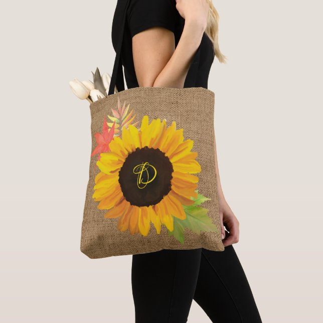 Tote Bag Fleurs de soleil rustiques et feuilles d'automne c (De près)