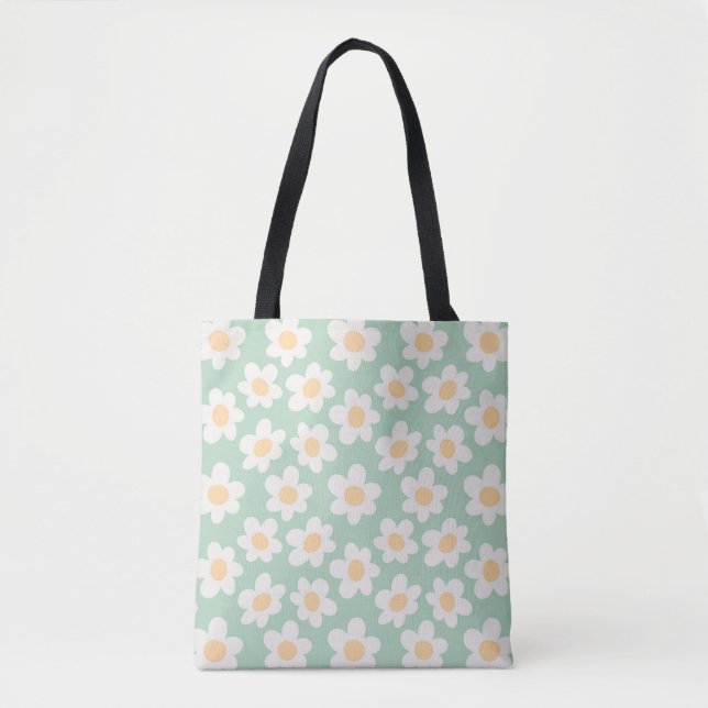 Tote Bag Fleurs de style rétro sur arrière - plan vert (Devant)