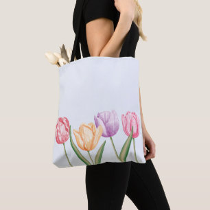 Tote Bag Fleurs de tulipes aquarelles colorées sur fond ble
