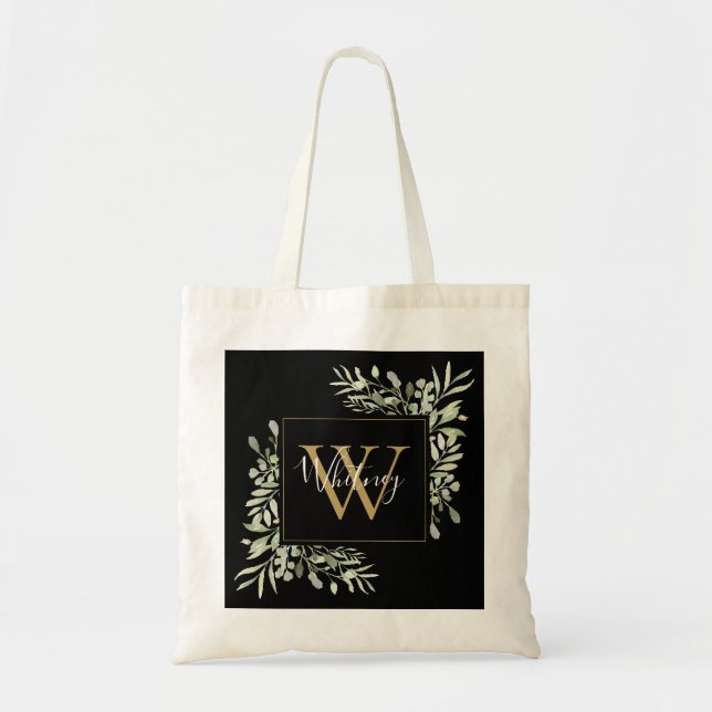 Tote Bag Fleurs de verdure à monogramme en or noir  (Devant)