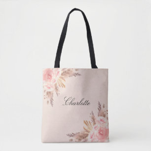 Tote Bag Fleurs d'herbe de pampa rose blush nom