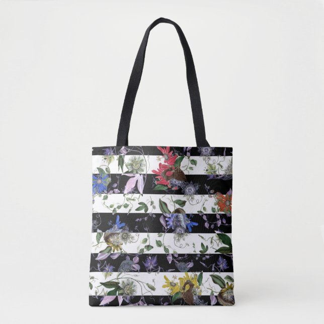 Tote Bag Fleurs élégantes sur bandes noires et blanches (Devant)