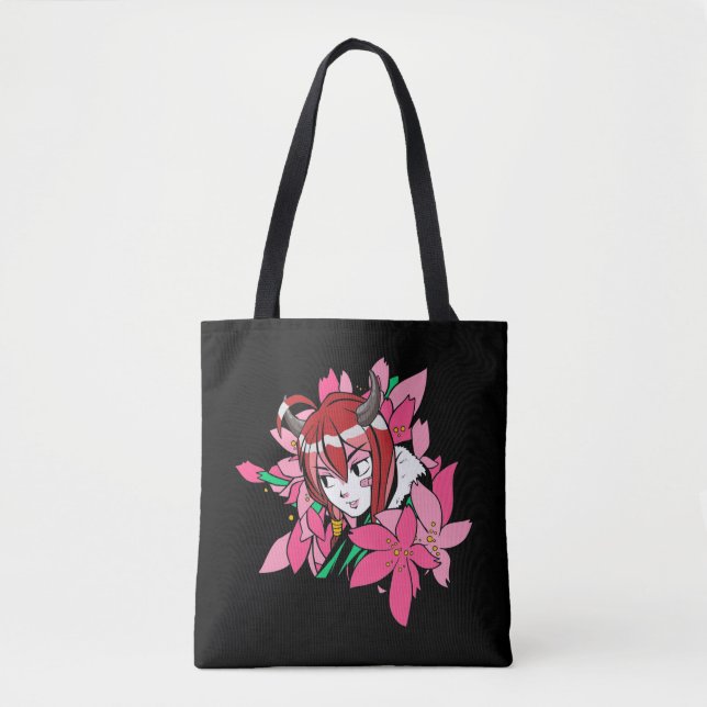 Tote Bag Fleurs esthétiques japonaises Anime Girl Demon (Devant)