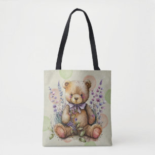 Tote Bag Fleurs Et À petits pois Brown De Lavande D'Ours En