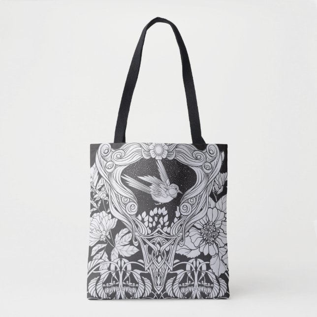 Tote Bag Fleurs et oiseau dans un style Art nouveau sans co (Devant)
