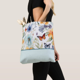 Tote Bag Fleurs et papillons aquarelles, Bloc de couleur