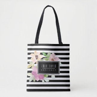 Tote Bag Fleurs et rayures d'aquarelle