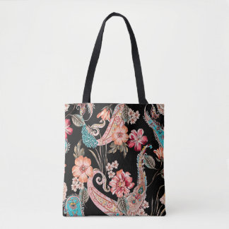 Tote Bag Fleurs ethniques et feuilles avec paisley vintage 