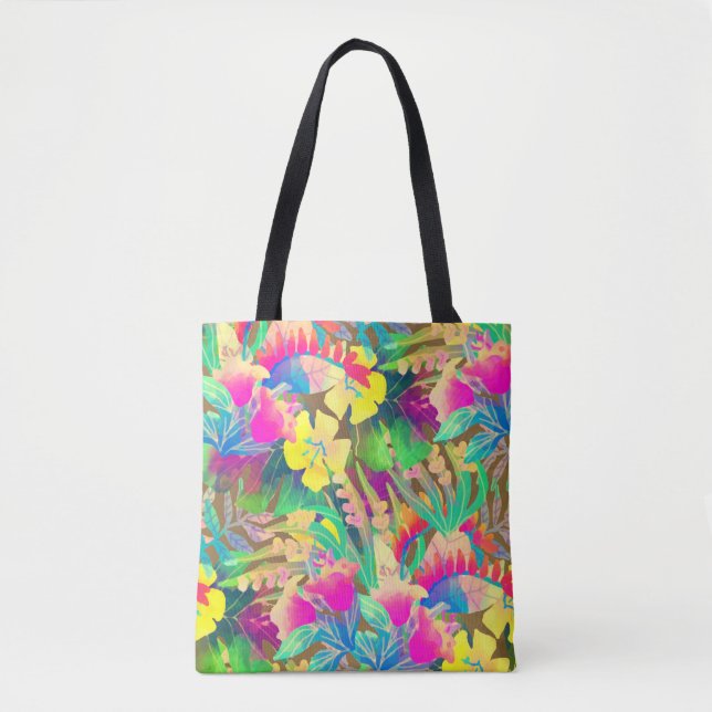Tote Bag Fleurs hawaïennes tropicales feuilles fleuries col (Devant)