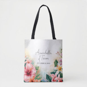 Tote Bag Fleurs Hawaïennes Tropicales Mariage Nom Personnal