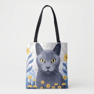 Tote Bag Fleurs Jaunes Chat Bleu Russe