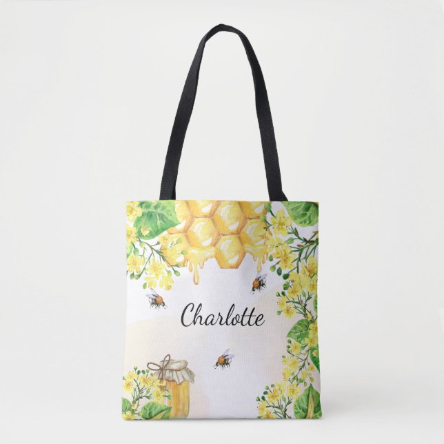 Tote Bag Fleurs jaunes de miel d'abeilles monogramme nom (Devant)