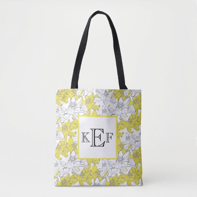 Tote Bag Fleurs jaunes et grises sur fond blanc avec monogr (Devant)