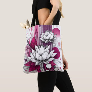Tote Bag Fleurs Lotus en Magenta noir & blanc