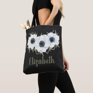 Tote Bag Fleurs noires et blanches avec nom