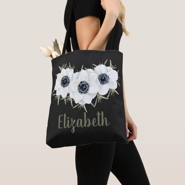 Tote Bag Fleurs noires et blanches avec nom (De près)