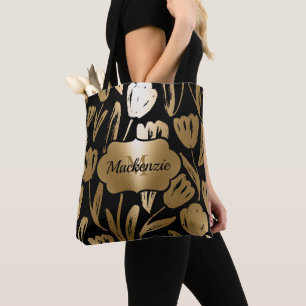Tote Bag Fleurs noires et dorées