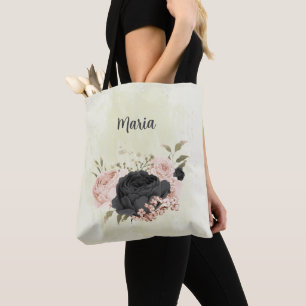Tote Bag fleurs noires rose