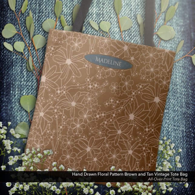 Tote Bag Fleurs Pays Main Tirée Motif Rustique Brown (Tote Bag: Hand Drawn Floral Pattern in Vintage Brown and Tan with the Owner's Name in Dark Blue.)
