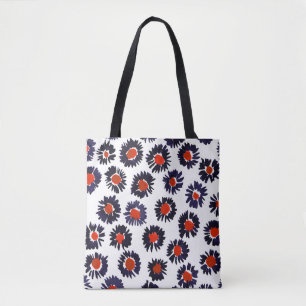 Tote Bag Fleurs peintes à la main, motif rouge et bleu.
